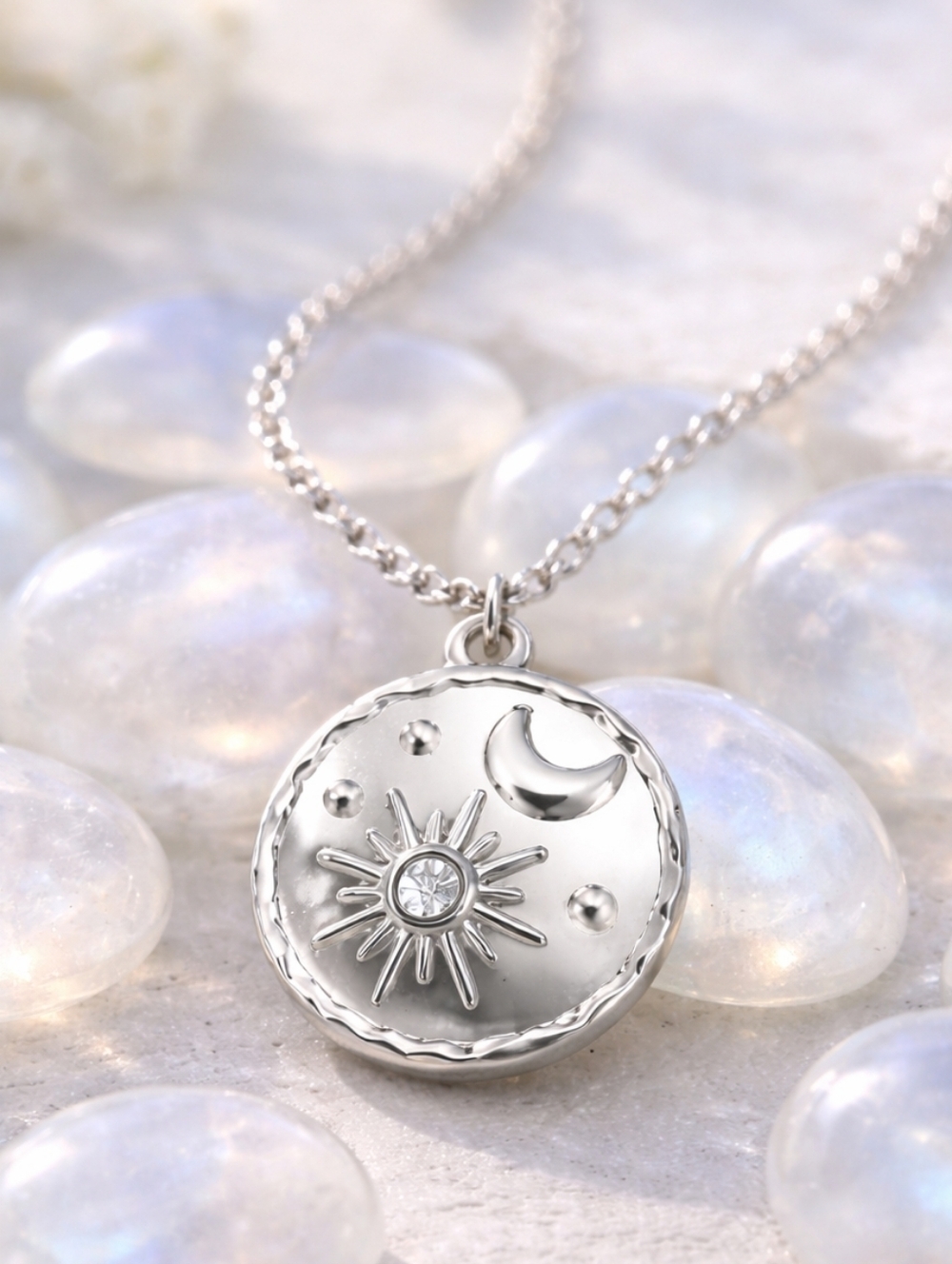Celestial Sun Moon Coin Pendant Necklace White Gold Plated CZ Silver Gift